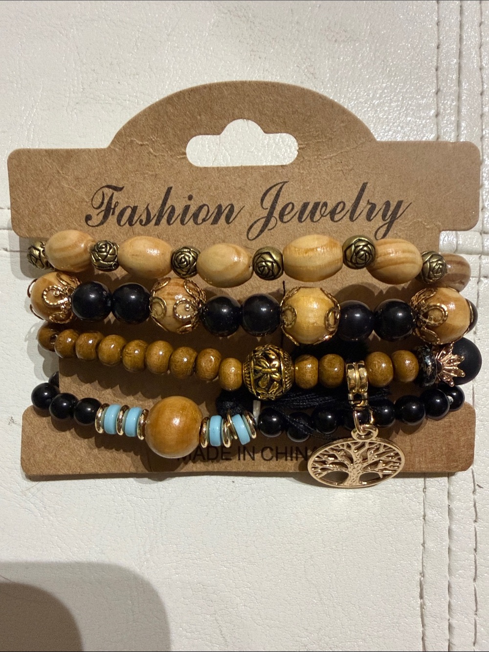 Fashion Jewelry Women's Multi-Strand Black & Wood Bead Bracelet Set